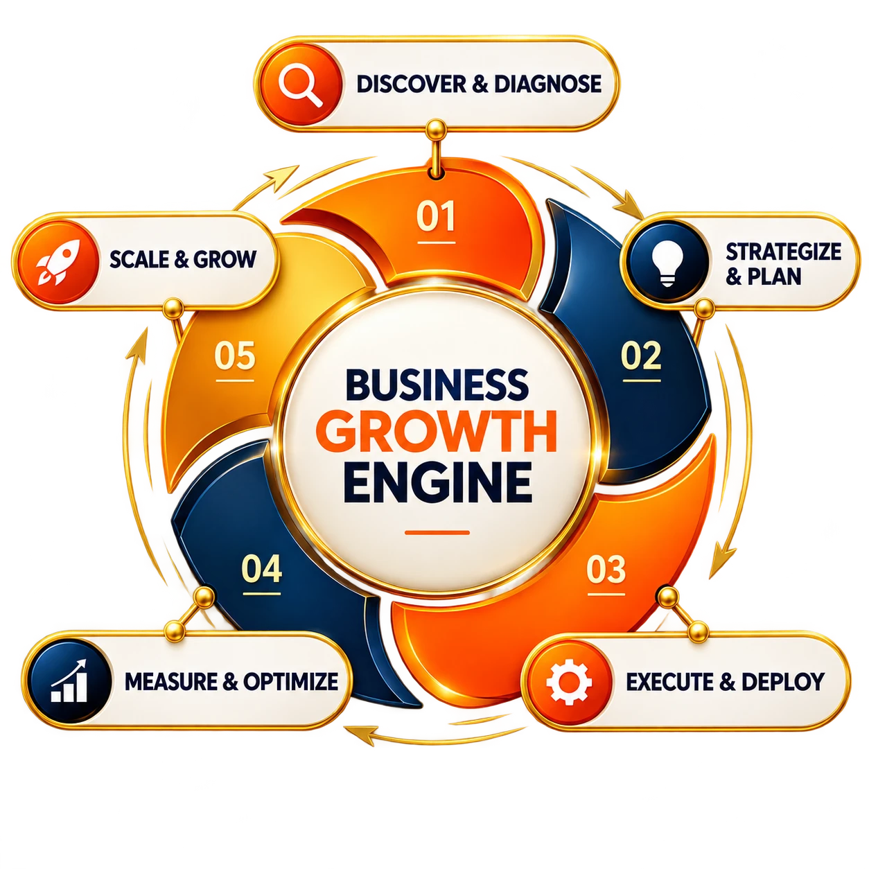Busispark Business Growth Engine: 1 Discover and diagnose, 2 Strategize and plan, 3 Execute and deploy, 4 Measure and optimize, 5 Scale and grow